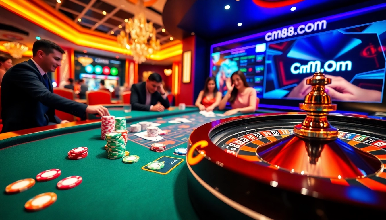 Experience the thrill of betting at cm88.com with a vibrant casino table featuring poker chips and cards.
