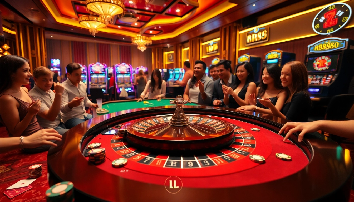 Engaging scene of players enjoying high-stakes games at RR88 casino, featuring a roulette table.