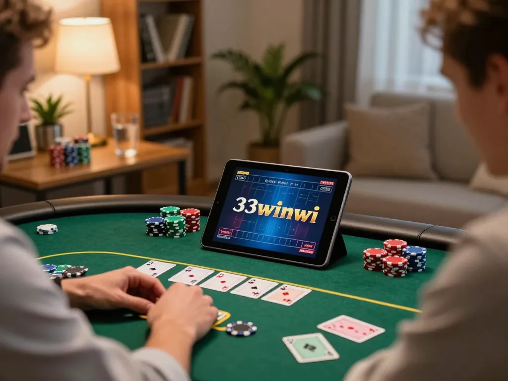 Player engaging at the 33winwi online poker table, showcasing strategic gameplay and cozy atmosphere.