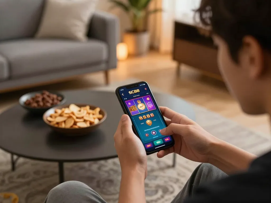 Player engaging with SC88 mobile casino app at home, surrounded by snacks and a relaxing atmosphere.