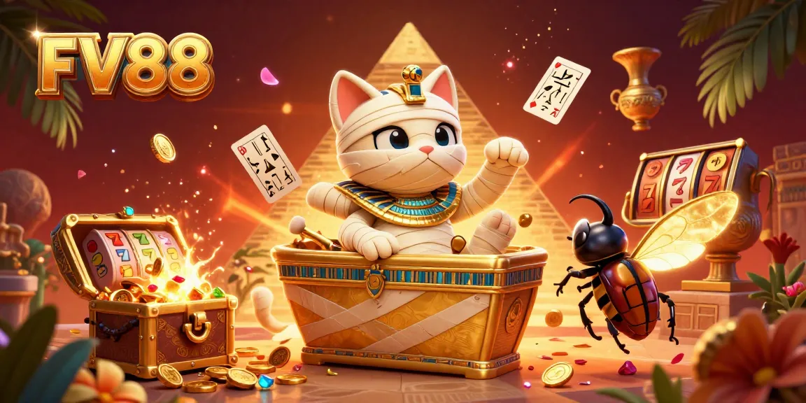 Engage with FV88 in an energetic casino scene featuring a mummy cat and golden treasures.