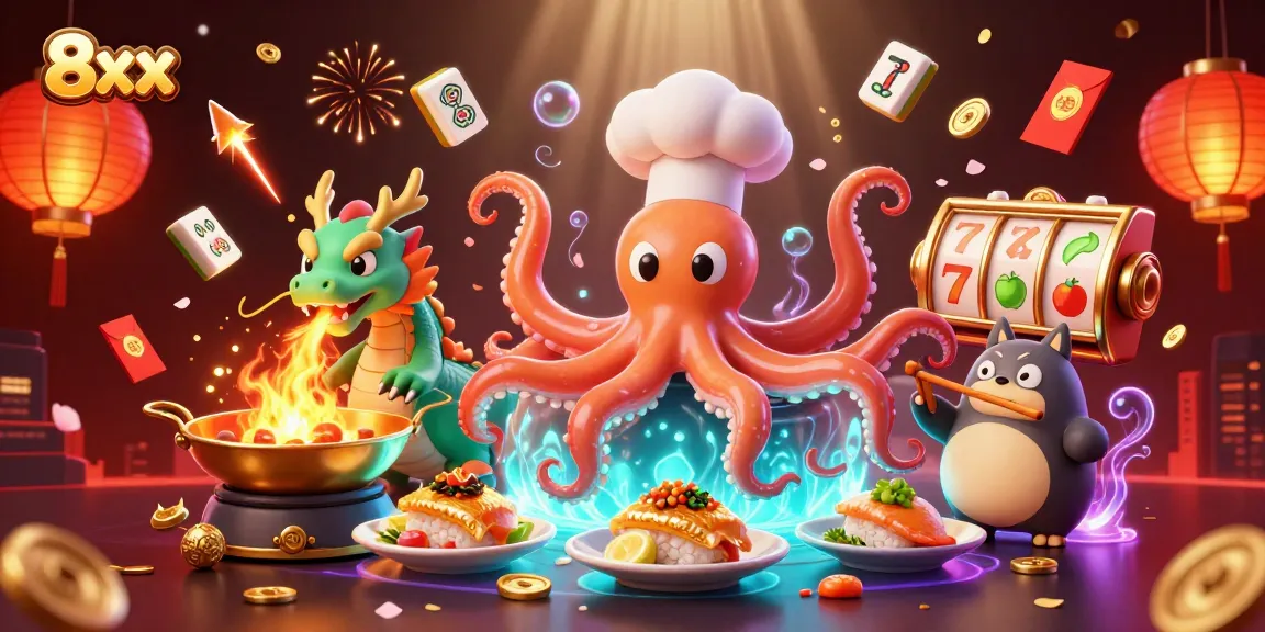 Engage with 8xx's vibrant casino fantasy featuring an octopus chef, dragon, and tanuki amid a dynamic gaming scene.