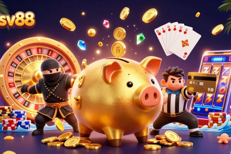 Bet on thrill and excitement with link sv88's vibrant 3D casino illustration showcasing dynamic gaming action.