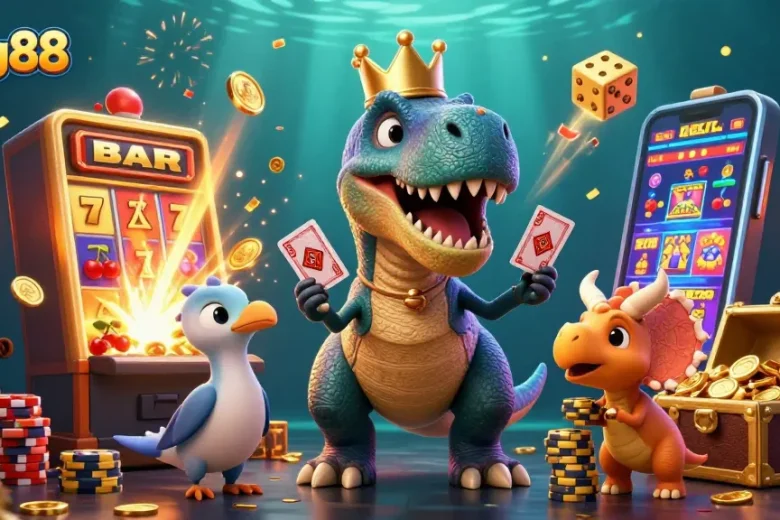 Bong88 players enjoy an exciting casino experience with a T-Rex and friends, featuring jackpots and colorful game scenes
