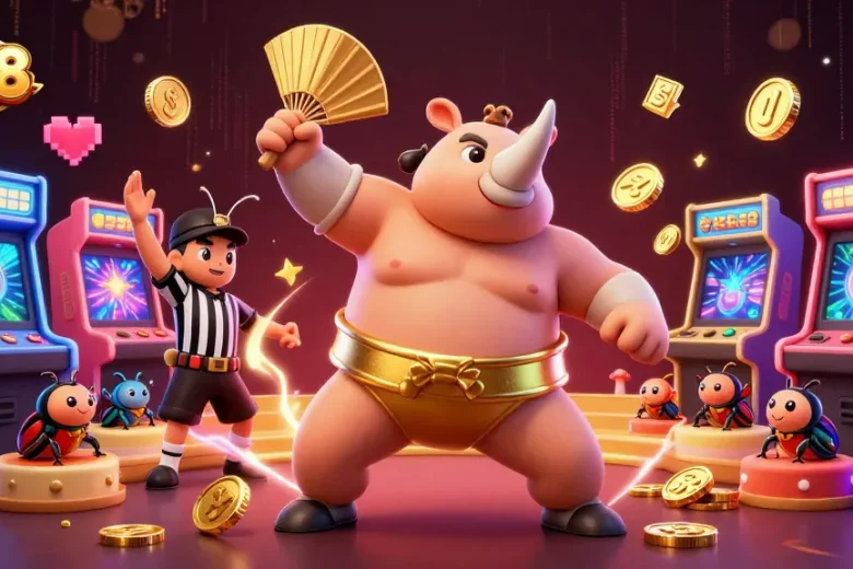 Experience j188's vibrant gaming atmosphere with a cartoon rhinoceros beetle champion stomping gold coins while gaming elements surround them.