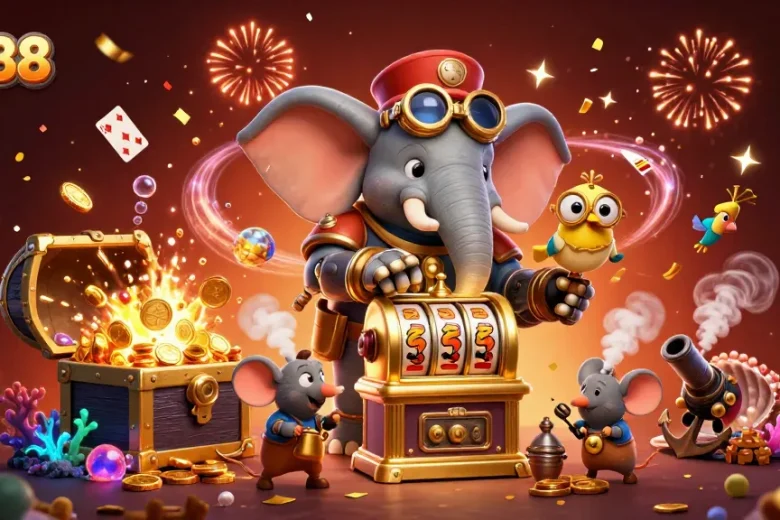 Engage in thrilling slot adventures with PG88’s cartoon elements of a steampunk elephant at a colorful casino.