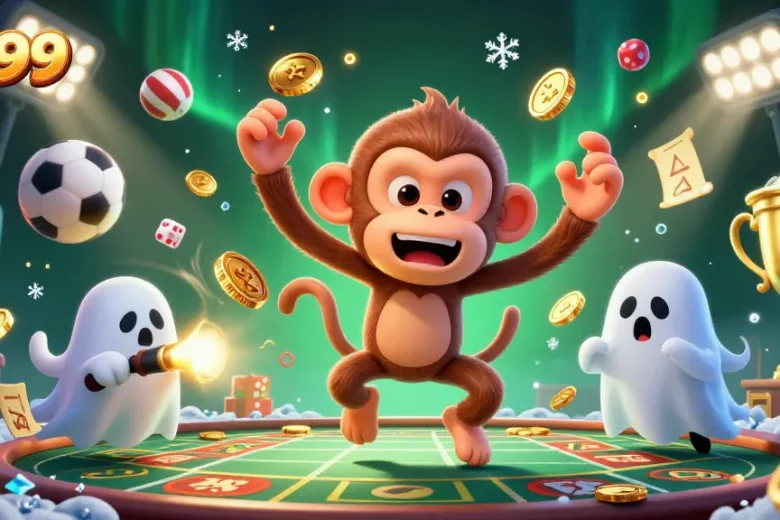 Experience excitement at PG99 with a poltergeist monkey juggling golden casino treasures as a curious puppy chases.