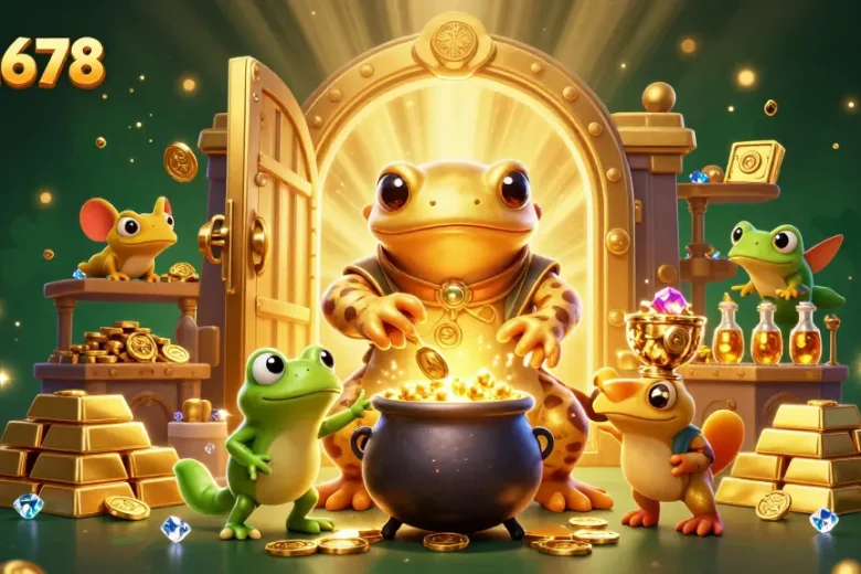 Win678 showcases excitement in a vibrant scene with golden treasures, alchemists, and magical gambling elements.